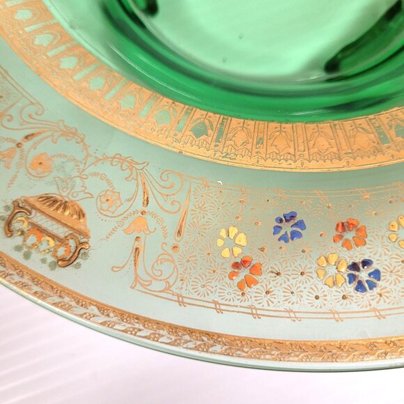 Westmoreland 12'' Green Glass Serving Bowl Hand Painted Gold & Enamel Accents - Picture 6 of 7